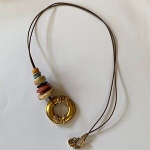 Blue and brown‎ bead and open gold circle pendant long leather necklace